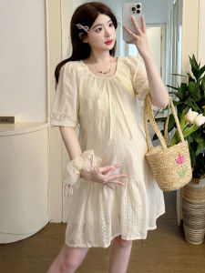 Váy Ngắn Mùa Hè Cho Phụ Nữ Mang Thai Thêu Ren Thêu Thon Gọn Chữ a Váy Mùa Hè Cho Nữ Váy Cotton Dài Tay Cổ Tròn