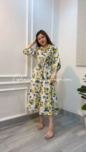 Long Midi Dress Lemonade Crincle 7665-3 - Ghaudens