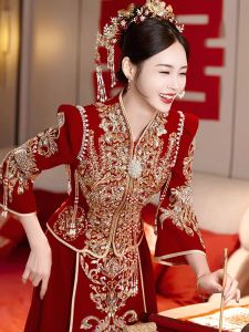 Luxurious Chinese Style Wedding Dress Show He Fu New 2025 Elegant Bride High Quality Embroidery Long Sleeve Stand Collar Gown