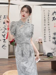 Young Girls New Chinese Style Light National Trend Improved Cheongsam Dress Two-Piece Set Buttoned Vintage Elegance Short Sleeve