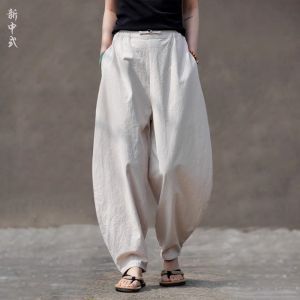 กางเกงลำลองชายผ้าฝ้ายลินินฤดูร้อนปี 2025 กางเกงขายาวทรงหลวมไซส์ใหญ่ กางเกงขายาวทรงหลวมสีพื้น กางเกงขายาวลำลองสำหรับวัยรุ่น
