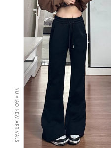 Black Casual Fleece Lined Sports Pants Womens plus Size Elastic High Waist Wide Leg Pants Comfortable Soft Cotton Loose Fit