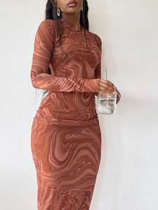 Fashionable Long Sleeve round Neck Printed Slim Fit Wrap Body Dress Womens Long Dress Autumn 2024 Cross-Border Style Dress
