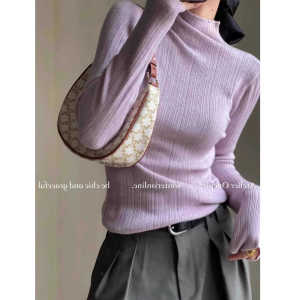 เสื้อสเวตเตอร์ถักคอสูงครึ่งตัวสีน้ำเงินสำหรับผู้หญิง เสื้อชั้นในทรงเข้ารูป ดีไซน์ลายทาง แฟชั่นฤดูใบไม้ร่วง/ฤดูหนาว เสื้อชั้นในสตรี