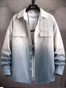 Loose Fit Long Sleeve Workwear Shirt for Men Casual American Style Shirt with Pocket Trendy Spring Autumn Gradual Color Shirt