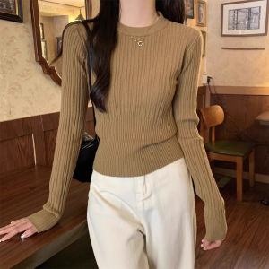 chaqi | Slim Fit Short Knitted Base Shirt Womens Long Sleeve Waist-Cinching Solid Color Casual Style Fashionable Anti-Aging Top