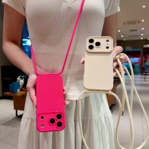 Silicone Phone Case for IPhone 17E 16E 17 16 15 14 13 12 11 18 Pro Max Plus Crossbody Adjustable Lanyard Strap Rope Soft Cover