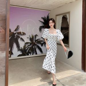 Princess Style Printed Bubble Sleeve Square Collar Dreamy Courtship Fashion Dress Men Attraction Short Skirt a Line Polyester Fiber
