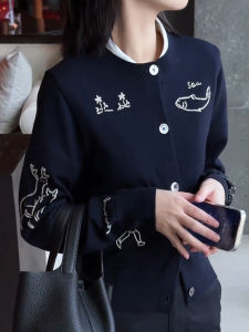 SUOXIMENG | Large Size Dark Blue Round Neck Embroidered Knitwear Womens Fashion Trending Commute Style Comfortable Fit Autumn New Arrival