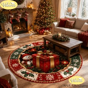 VIKAMA 3D Snowy Cabin Round Rug Flannel Non Slip Circular Carpet Winter House Snowman Tree Pattern Living Room Bedroom Floor Mat