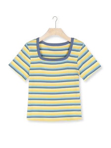 Summer Stripe Short Sleeve T-Shirt Womens Fashion Slim Fit Shoulder Length Square Collar Top Ultra Cute Trendy 2024 New Arrival