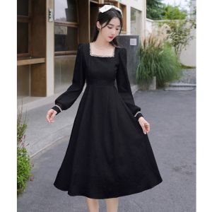 Slimming French Style Square Collar Long Sleeve Dress Womens plus Size Autumn Fashion Sweet Style Mid-Length One Piece