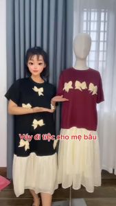 váy bầu dự tiệc sang chảnh dáng xuông m367 đầm bầu đính nơ nhẹ nhàng xinh xắn váy hè hàng đẹp