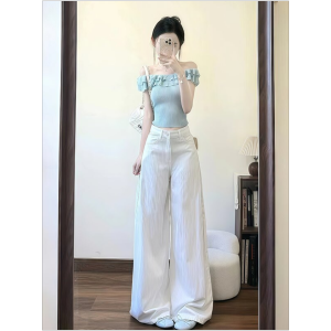 HUOLISI | Blue Off-shoulder Ruffle Short Sleeve Slim Fit Summer Blouse