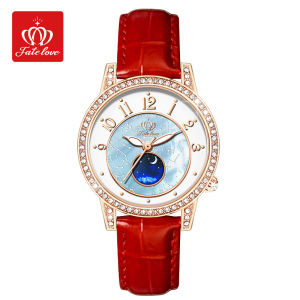 Fatelove นาฬิกาของแท้กันน้ำกันรอยขีดข่วนกระจกฝังเพชรดวงจันทร์ Tali Kulit Wanita สร้างสรรคลิกชั่นเท่