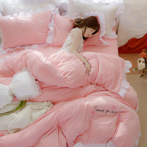 Thickened Milk Velvet Quick Warm Bedding Set Four Pieces Princess Style Coral Velvet Lace Coverlet Small Cute Three Pieces Set