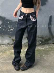 American Style Floral Patchwork Loose Straight Leg Jeans Womens Vintage High Waist Jeans Pure Color All Season Ladies Pants