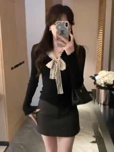 HUOLISI | French Style Unique Bow Tie Knitted Top
