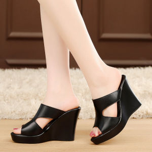 รองเท้าแตะแบบสวมส้นเตารีดหนังแท้ปากปลารองเท้าแตะส้นสูงกันลื่นใส่ในห้องลองเสื้อ33รองเท้าแตะฤดูร้อนสำหรับผู้หญิงใส่นอกบ้านแฟชั่น