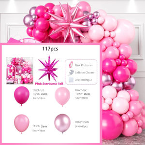 117 Pieces Rose Pink Balloon Arch Set with Exploding Star Aluminum Film Balloons Suitable for Wedding Birthday Theme Events Etc