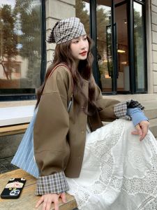 Café Green Hong Kong Style Casual Retro Womens Leather Jacket Short Padded Zipper Closure Outerwear Autumn New Arrival