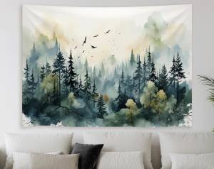 VIKAMA Watercolor Misty Forest Flying Bird Tapestry Healing Background Cloth Nordic Living Room Decoration Room Decoration