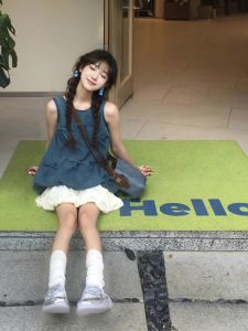 Sweet Cool Matching a Set of Summer Clothes for Women Vintage Bow Denim Vest Tops Matching Bud Skirt Two-piece Set