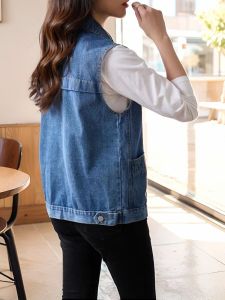 Womens Denim Vest Spring Autumn New Style Korean Loose Versatile Sleeveless Embroidered Backless Top Coat POLO Collar Cotton