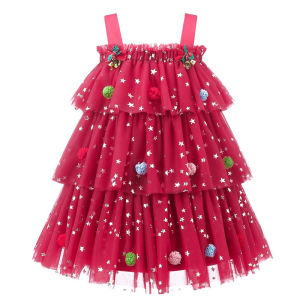 Kids Christmas Outfit Girls Star Print Princess Dress with Socks Set Tiered Tulle Dresses for Dance Evening Party