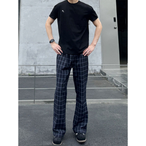 Mens Plaid Slight Flare Fleece-lined Autumn Winter Casual Pants