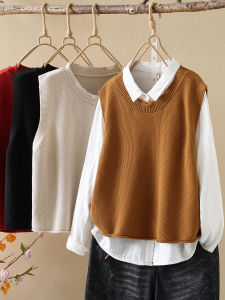 Retro Artsy Style Knitting Vest Womens Ripped Cool round Neck Bandage Dress Handy Gadget All-Matching Sleeveless Sleeveless Coat Sweater Vest