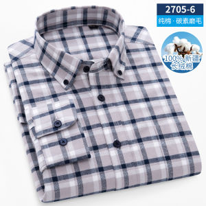 Autumn New Mens Pure Cotton Plaid Long Sleeve Shirt Slim Fit Youth Fashion Top Trendy Japanese Style Regular Thickness Button Decor