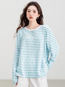 Áo Thun Dài Tay Dáng Rộng Cổ Tròn Kẻ Sọc Mùa Xuân Mới True Weave Dành Cho Nữ Áo Chống Nắng Áo Phông Thường Ngày Đa Năng