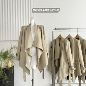 Miyu Dây Thắt Lưng Hepburn Style Màu Kaki Retro Thon Gọn Quấn Cổ Có Dây Thắt Lưng Áo Khoác Nữ Mùa Thu Áo Khoác Ngoài Có Cảm Giác Rủ