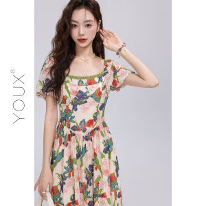YOUXIANG | Đầm Nữ Họa Tiết Hoa Cổ Vuông Dễ Thương Tay Bồng và Định Hình Eo