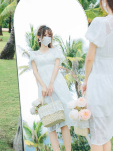 Huaqi Deer Design Summer New White Long Dress Tea Break Vacation Girls Dress High Waist A-Line Skirt Short Sleeve V-Neck