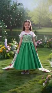 Elsa Costume for Girls Green Fancy Birthday Party Gown Kids Cosplay Princess Dress Carnival Party Children Dresses