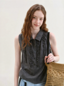 Fano | Áo Blouse Vintage Pháp Không Tay Như Jeans Với Chi Tiết Gỗ