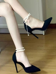 Wedding Shoes Womens Bridesmaid Shoes Stiletto Heels Womens Elegant Socialite Pearl Black Suede Ankle-Strap Buckle Sandals Flats