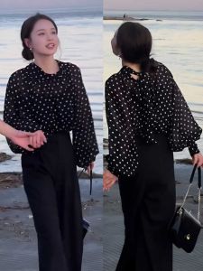 Black Polka Dot Long Sleeve Womens Shirt Spring Autumn Unique Beautiful Lantern Sleeve Sash Korean Style Loose Fit Print
