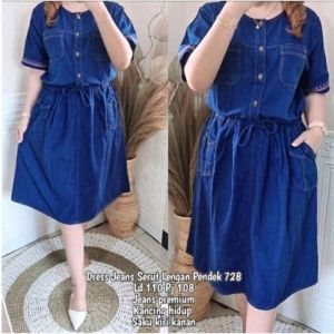 Dress Jeans Wanita/Tunik Jeans Lengan Pendek Tali Serut Snow Hitam Kantong Depan Ld 120 cm