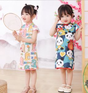 เสื้อผ้าเด็กชุดเด็กผู้หญิง Cheongsam 2022เสื้อผ้าจีนดั้งเดิมน่ารักแขนสั้นผ้าฝ้ายแท้