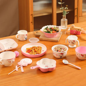 WUHE Hello Kitty Kids Melamine Bowls Plate Cartoon Girl Tableware Set BPA-Free Unbreakable Dinnerware Dishwasher Safe