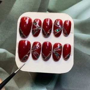Red Ribbon Sequin Handmade Wear Nail Finished Bridal Wedding Detachable Nail Manicure Wedding Nail Repeat Nail Sticker