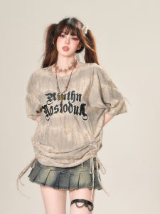 Áo Thun Tay Ngắn Rút Dây KellyKitty Hong Kong Island Sunset Phong Cách Hàn Quốc Lười Biếng Rộng Rãi Thấm Hút Thoáng Khí Mùa Hè