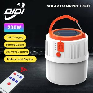 【with Retome】DIDI 200W Solar Camping Light USB Rechargeable Bulb Outdoor LED Night Market Light Emergency Light Tent Lamp for BBQ Hiking Lampu Pasar Malam