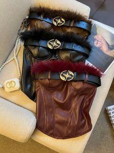 GUZILIAN | American Style Spicy Girl PU Leather Off-Shoulder Corset Crop Top