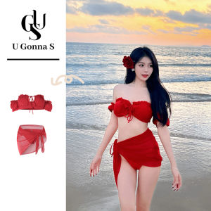 บิกินี่ชุดสวมใส่ชายหาดชุดว่ายน้ำผู้หญิงเซ็กซี่2024 3ชิ้นพร้อมปกปิดแขนสั้นเอวสูงแฟชั่นน่ารักสีแดงยืดได้