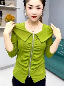 Stylish Ruched Zipper Pure Color Long Sleeves T-shirt Womens Lotus Collar Versatile Slimming Top Cardigan Bottoming Shirt Outwear