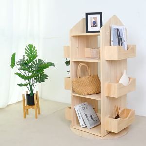 Rotating Bookshelf 360-degree Solid Wood Space-saving Corner Storage Rack Home Use Multi-layer Student Book Case